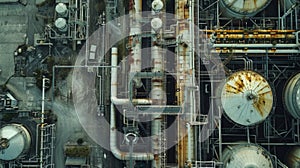 Aerial view of an industrial complex with intricate piping and storage tanks