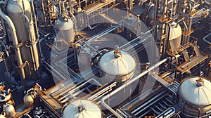 Aerial view of an industrial complex with intricate piping and storage tanks
