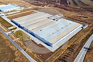 Aerial view of industrial estate surrounded by cultivated field