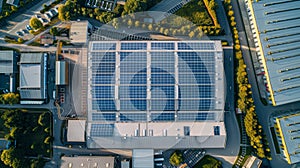 Aerial view of an industrial facility with a solar panel roof supporting low carbon emission operations