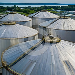 Aerial View of Industrial Fuel Storage Tanks at Twilight in a Complex Facility