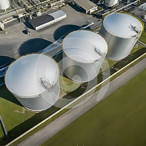 Aerial View of Industrial Fuel Storage Tanks at Twilight in a Complex Facility