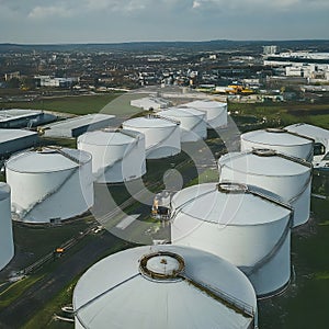 Aerial View of Industrial Fuel Storage Tanks at Twilight in a Complex Facility