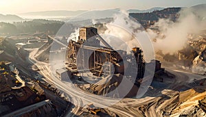 Aerial View of Industrial Mining Operation with Dust and Smoke