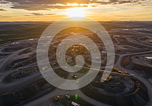 Aerial View of an Industrial Mining Operation at Sunset