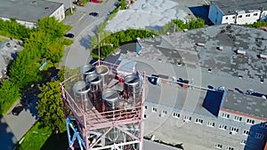 Aerial view industrial at oil refinery plant form industry zone. Stock. Aerial shot of a factory