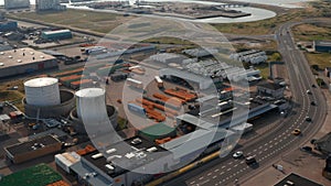 Aerial view of industrial oil storage tanks in Esbjerg, Denmark harbor. Port Esbjerg is base for all oil and gas fields