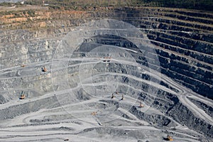 Aerial view industrial of opencast mining quarry with lots of machinery