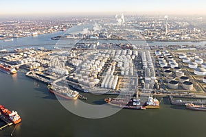 Aerial view industrial park with harbors and chemical plant