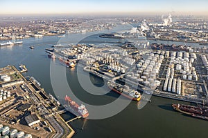 Aerial view industrial park with harbors and chemical plant