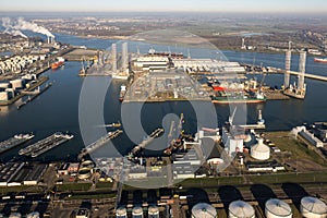 Aerial view industrial park with harbors and chemical plant