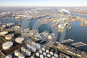 Aerial view industrial park with harbors and chemical plant