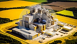 An aerial view of an industrial plant in the middle of field. Summer, construction began International Thermonuclear