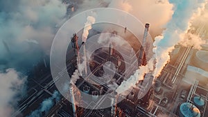 Aerial View of an Industrial Plant with Smoke in Ethereal Atmosphere