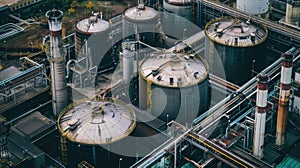 Aerial view of industrial plant with storage tanks and pipes. Industrial and engineering concept