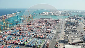 Aerial view of industrial port with containers