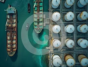 Aerial View of Industrial Port with Ships and Storage Tanks