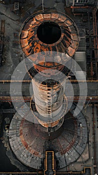 Aerial view of an industrial smokestack