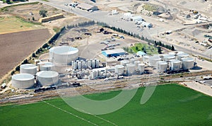 An aerial view of industrial storage tanks.
