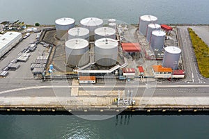 Aerial view of an industrial tanks for fuel in a seaport