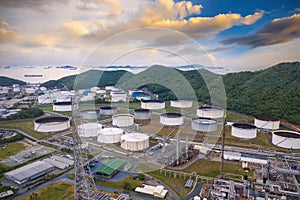 Aerial view of Industrial top view at oil refinery plant form industry zone ,which factory - petrochemical plant, Shot from