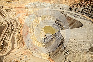 An aerial view industrial water treatment at an open pit copper mine.