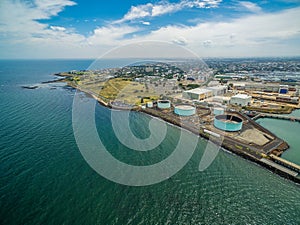Aerial view of industrial wharfs in Williamstown, Melbourne, Australia.