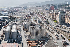 Aerial view of the industrialized area of the Genoa harbor