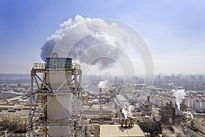 Aerial view of industry metallurgical plant dawn smoke smog emissions