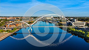 Aerial view of the Infinity Bridge spanning the river Tees in Stockton, California