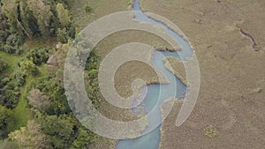 Aerial view on inflow through reeds to Lake `Faaker See` in Carinthia Kaernten, Austria