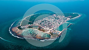 Aerial view of the inhabited tropical island Manadhoo the capital of Noonu atoll