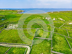 Aerial view of Inishmore or Inis Mor, the largest of the Aran Islands in Galway Bay, Ireland.