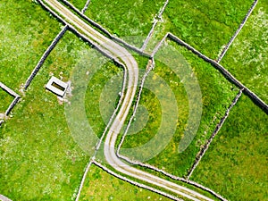 Aerial view of Inishmore or Inis Mor, the largest of the Aran Islands in Galway Bay, Ireland. Famous for its Irish culture,