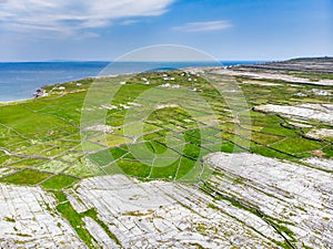 Aerial view of Inishmore or Inis Mor, the largest of the Aran Islands in Galway Bay, Ireland. Famous for its Irish culture,