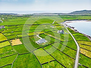 Aerial view of Inishmore or Inis Mor, the largest of the Aran Islands in Galway Bay, Ireland. Famous for its Irish culture,