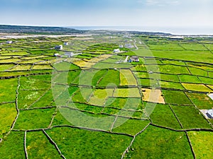 Aerial view of Inishmore or Inis Mor, the largest of the Aran Islands in Galway Bay, Ireland. Famous for its Irish culture,