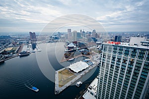 Aerial view of the Inner Harbor of Baltimore, Maryland.