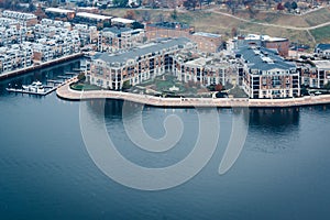 Aerial view of the Inner Harbor and Federal Hill, in Baltimore,