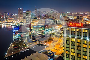 Aerial view of the Inner Harbor at night, in Baltimore, Maryland