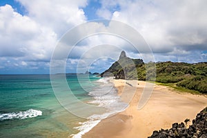 Aerial view of Inner Sea Mar de Dentro Beaches and Morro do Pico - Fernando de Noronha, Pernambuco, Brazil