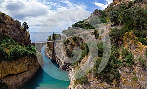 Aerial view inside bay of Fiordo di furore beach. Incredible beauty panorama of a mountains paradise. The rocky seashore of