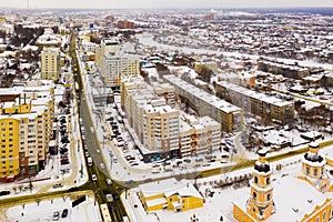 Aerial view of the Intercession Bishop Cathedral and residental quarters in Penza.