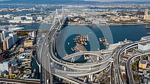 Aerial view interchange highway and overpass in city of Osaka City, Osaka, Kansai, Japan