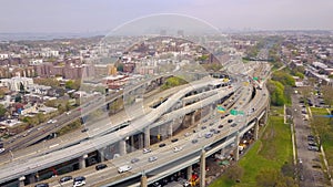 Aerial view of interchange of Verrazano bidge in Brooklyn, New York City. NY from above Hudson river