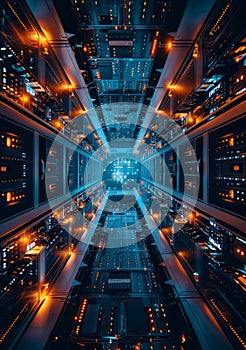 An aerial view of interconnected computers in a server room, symbolizing a secure and efficient document management