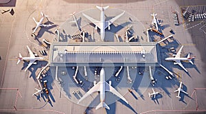 Aerial view international airport terminal, planes departing to multiple international locations
