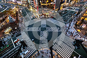 Aerial view of intersection in Ginza, Tokyo, Japan at night