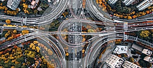Aerial view of intricate multilevel highway junction interchange on expressway network