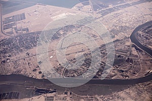 Aerial view of the Iran, Iraq border along the Shatt al-Arab river with Abadan International Airport at center